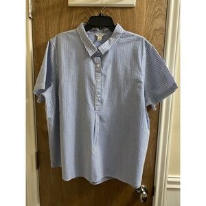 LL Bean Women's Vacationland Seersucker Shirt Short-Sleeve White Blue Stripe 1X